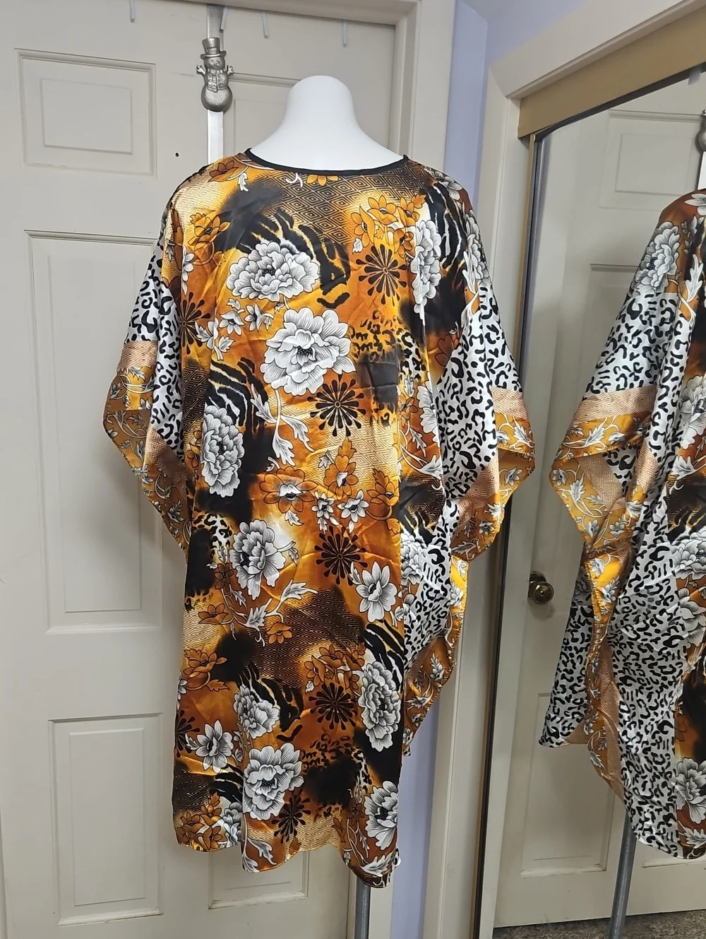 Winlar Satin Brown and Black Animal Print Cover Up Roomy Blouse